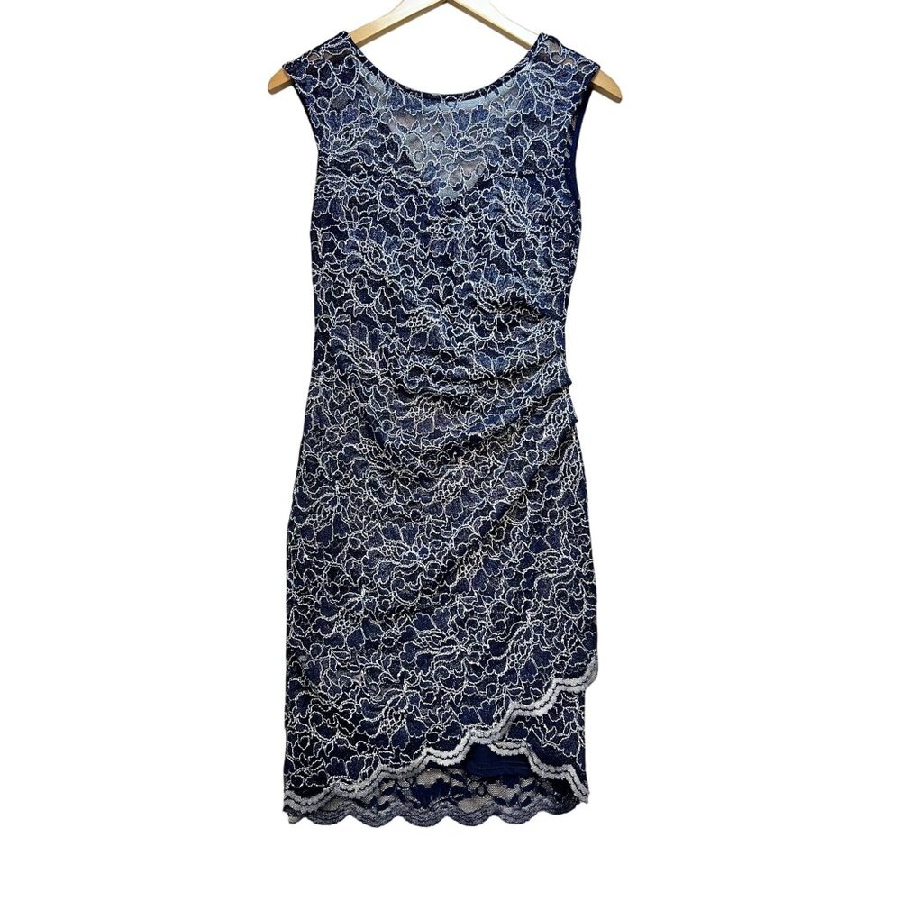 Lipsy London Womens Bodycon Midi Dress Size 8 Navy Blue Lace Sleeveless Party